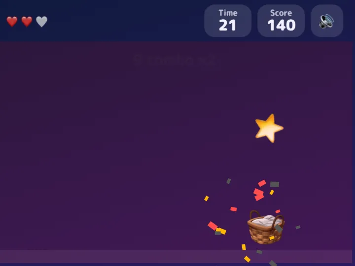 Star Catcher during play: a star falling toward the basket, 21 seconds left, and a score of 140