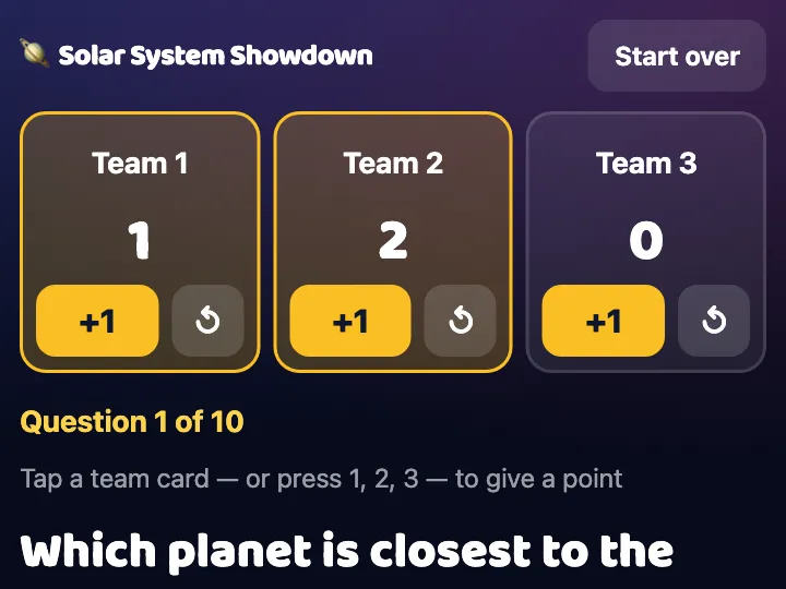 A Grade 7 solar system team quiz: three team scores and the question "Which planet is closest to the Sun?"