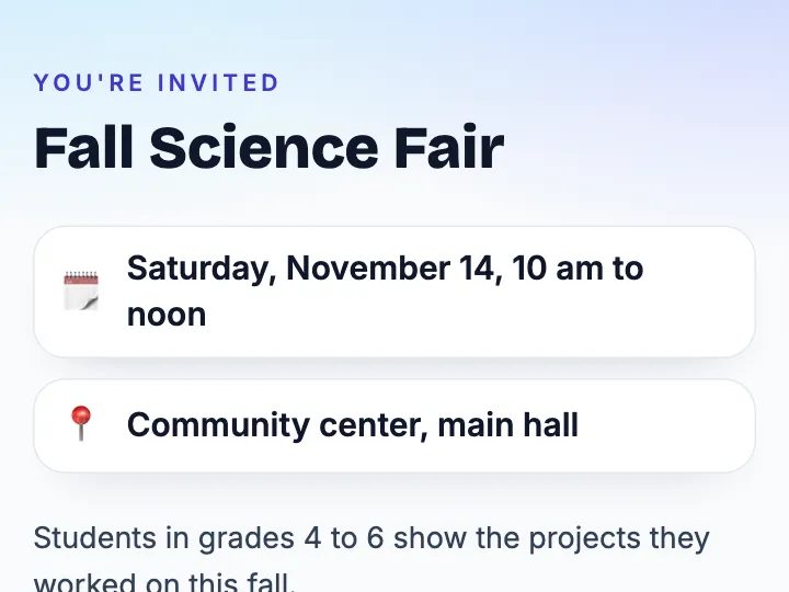 The top of the Fall Science Fair page: Saturday, November 14, 10 am to noon, in the community center's main hall