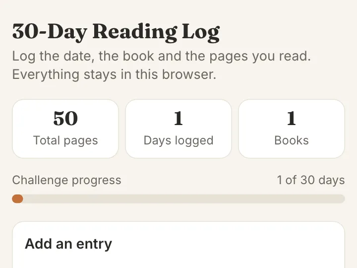 A 30-day reading log with total pages, days logged, and challenge progress
