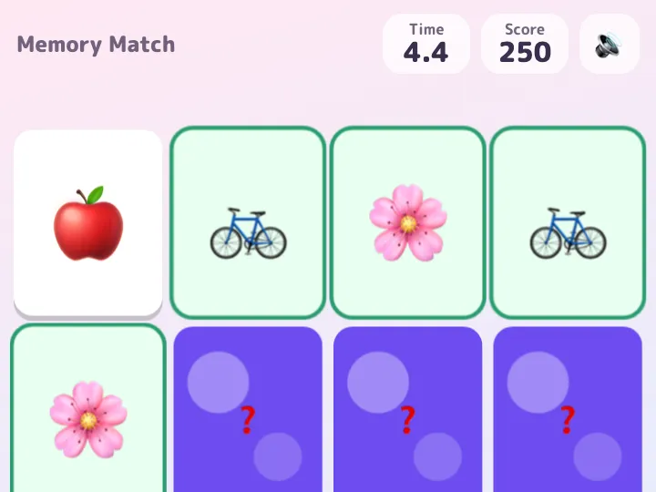 Memory Match during play: two pairs matched (bikes and cherry blossoms) and an apple just turned over, at 4.4 seconds with a score of 250