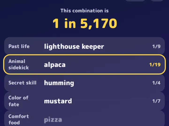 A Fate Roll partway through: lighthouse keeper as past life, an alpaca sidekick marked as a rare 1/19 draw, humming, and mustard, with the combination at 1 in 5,170