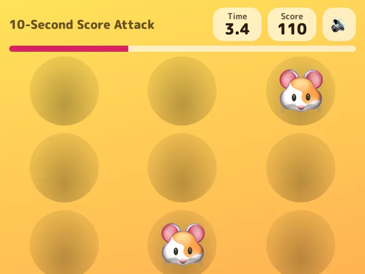 10-Second Score Attack during play: two hamsters up to tap, 3.4 seconds left, and a score of 110