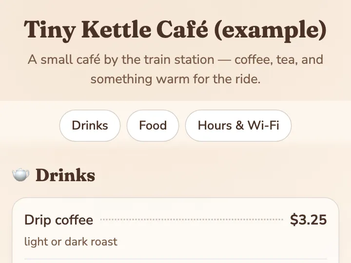 The menu page of Tiny Kettle Café (example), a made-up small café by the train station, with its drinks and prices