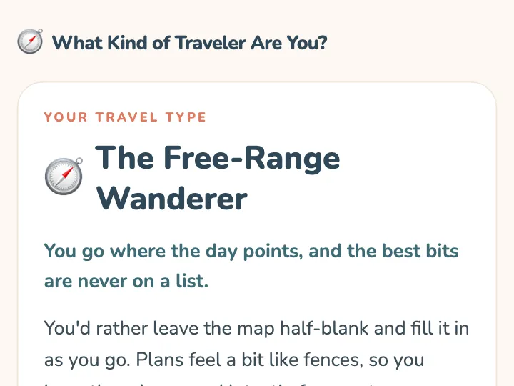 The result screen of a "What kind of traveler are you?" test: The Free-Range Wanderer