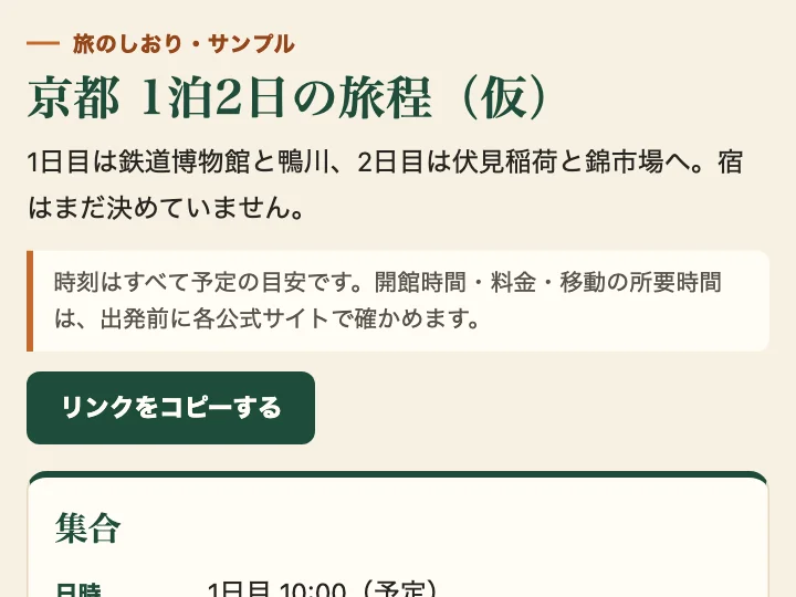 生成り色の背景に「京都 1 泊 2 日の旅程(仮)」の見出し、深緑の「リンクをコピーする」ボタン、集合の日時と場所、1 日目の時刻つきタイムラインが並ぶ旅程ページの例